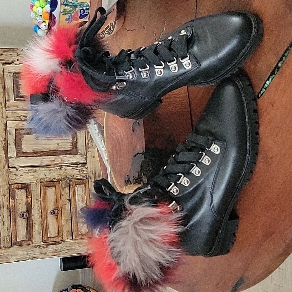 Rebecca Minkoff Jaylin Fox Fur-Trim Leather Lug Sole Combat Boot, Black 8 M